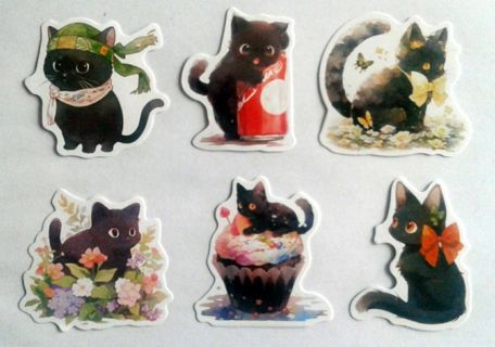 Six Super Cute Black Cat Stickers