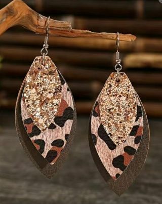 3 Layer Leather Leopard & Sequins Earrings B-18