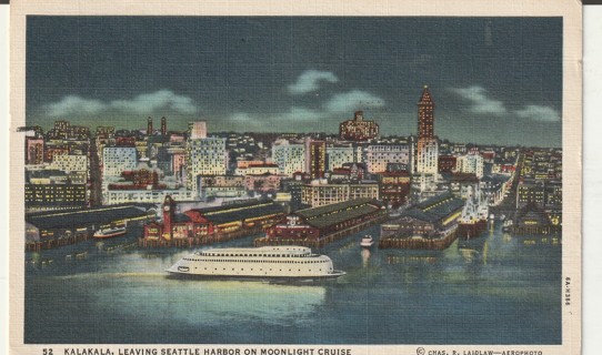 Vintage Used Postcard: 1937 Kalakala leaving Seattle Harbor, Monlight Cruise, WA