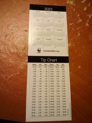 2023 Wallet Calendar and Tip Chart