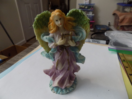 5 inch Heavenly angel figure in purple gown blue sash,blonde hiar holds harp