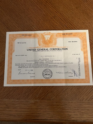 United General stock certificate 1969 Nevada