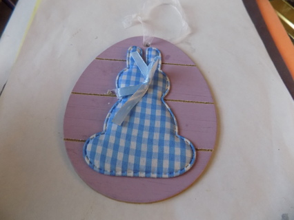 5 1/2  handmade wooden purple egg with blue checkered rabbit and ribbon