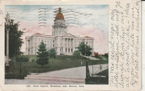 Vintage Used Postcard: 1908 State Capitol, Broadway Side, Denver, CO