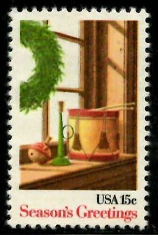 For Stamp Collector's: 1980 15c Contemporary Christmas: Wreath and Toys on Window Stamp