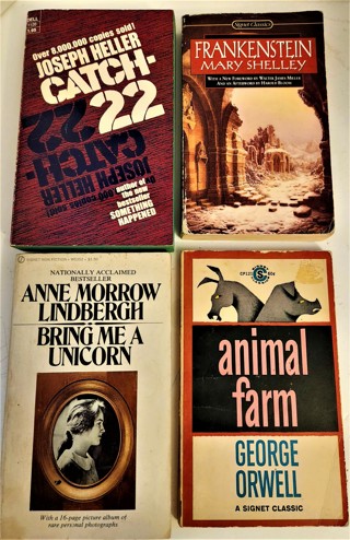 4 classic paperbacks: Animal Farm, Catch-22, Frankenstein, Bring Me a Unicorn