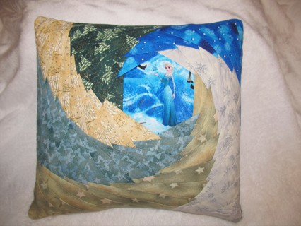 Hand Crafted Quilted Pillow Cover Frozen Elsa 13.5" Whirlwind Winter Batik EUC