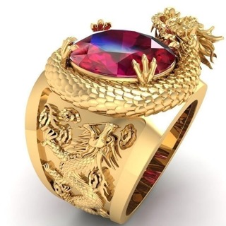 Gold Color Dragon Pattern Men Rings Inlaid Big Oval Red Stone 