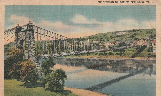 Vintage Used Postcard: q: 1936 Suspension Bridge, Wheeling, WV