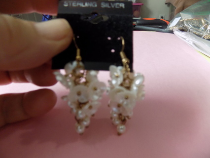 Earrings 2 inch dangles cluster of Mother of Pearl flowers & strings pearls