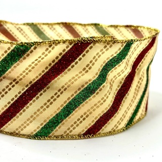 Red Green Gold Diagonal Striped Glitter 2.5” Wire Edge Ribbon 