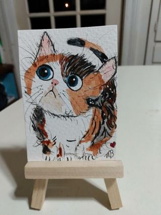 ACEO Original, Watercolor Painting 2-1/2"X 3/1/2" Chubby Calico Cat by Artist Marykay Bond