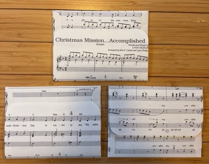 Three handmade Music themed envelopes 