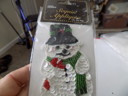 NIP Sequin covered snowman applique tall top hat,holly and green scarf