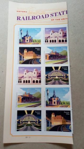 10- FOREVER US POSTAGE STAMPS..... RAILROAD STATIONS OF USA