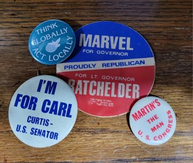 Vintage political pins and sticker