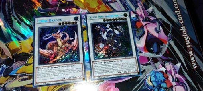 2 near mint Secret Rare Holo Yugioh Cards Synchros Crystal Wing Synchro dragon and Coral Dragon