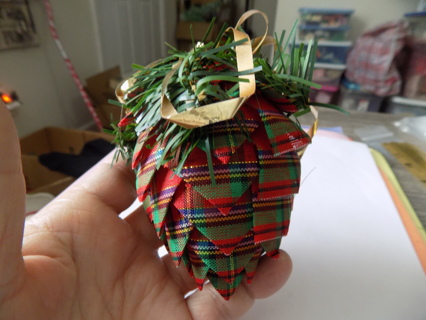 3 1/2 tall hand  made plaid ribbon pinecone shape ornament, pine branch, gold ribbon