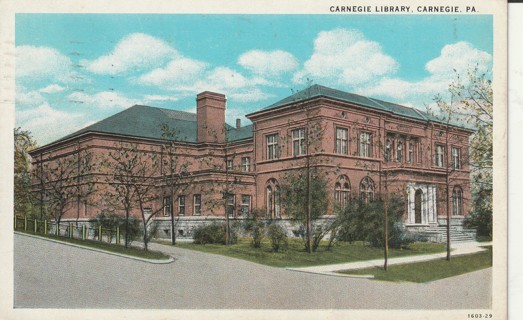 Vintage Used Postcard: e: 1938 Carnegie Library, Carnegie, PA