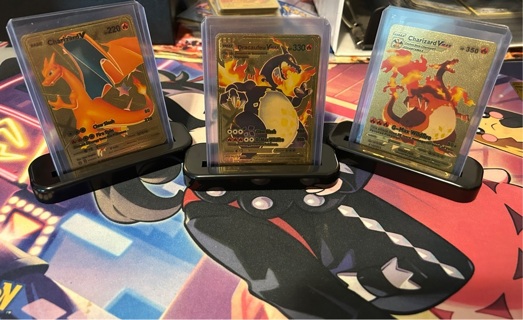 Pokemon Gold Foil Fan Art 3 Card Lot Charizard V Vmax GX!!