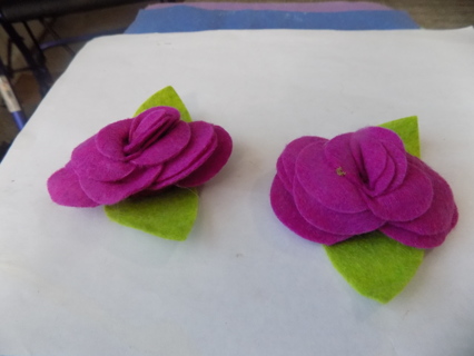 Set # 3   Two purple felt roses and green leaves handmade add to a barrette or magnet