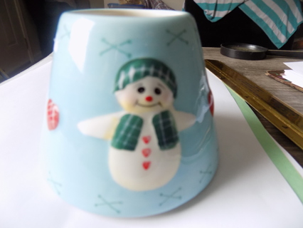 Ceramic vintage 3 1/2 tall blue candle lamp shade with 3D snowmen & red hearts
