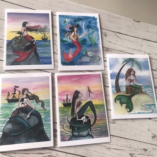 5 Original Art Prints Mermaid Note Cards with Envelopes, Free Mail