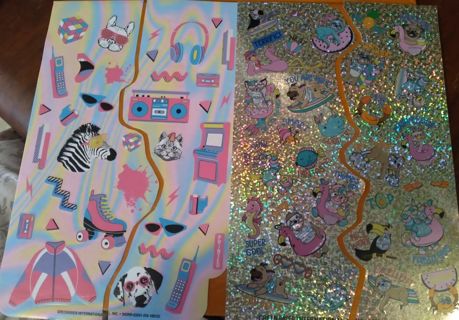 2 SHEETS OF STICKERS ( Sparkle Glitter Stickers & Fun Hipster Stickers). Both cut in half 4 mailing