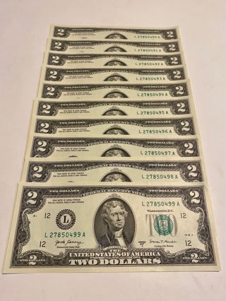 Two Dollar Bills 10 Sequential Serials 