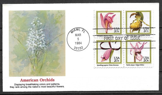1984 Sc2076-9 American Orchids block of 4 FDC