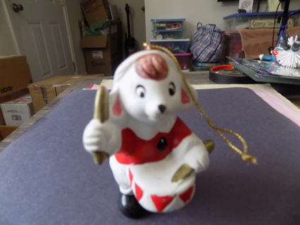 Vintage 3 inch ceramic white mouse playing a drum in Santa suit