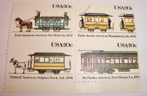 Scott #2059-62, Street Cars, Pane of 4 Useable 20¢ US Postage Stamps