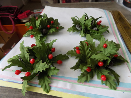 Set # 1 Four candle wreath rings silk flower, holly berries pine cones 1 inch round for taper candle