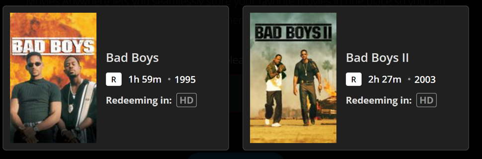 Bad Boys 1 and 2 MA VUDU HD Digital Movie Code