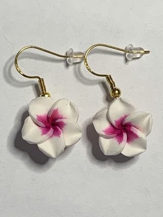 WHITE WITH FUSCHIA FRANGAPANI EARRINGS WITH GOLD HOOKS~FREE SHIPPING!