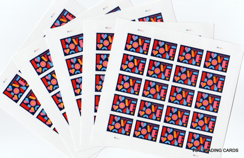 100 - USPS Forever Love Stamps on 5 sheets, Good for Weddings, Graduation, Parties!