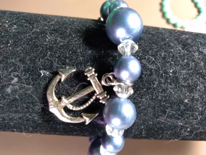 Stretch Blue Pearl Bracelet w Anchor Charm