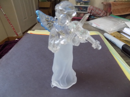 4 inch clear and frosted angel ornament blue tipped wings playing violin