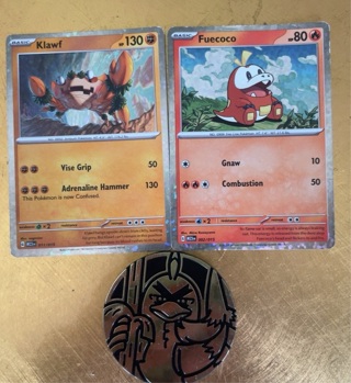 Pokémon Fuecoco, Klawf, and Collectors Coin 