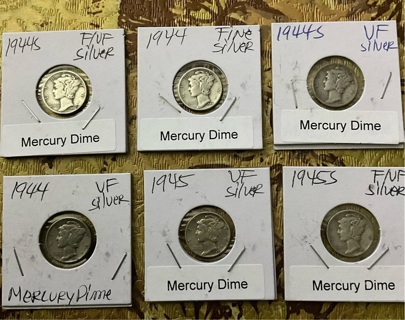 Mercury Dimes (6) 1944 (2 ea), 1944-S), 1945, 1945-S