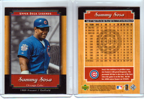 Sammy Sosa, 2001 Uooer Deck Legends Card #59, Chicago Cubs, (L6)