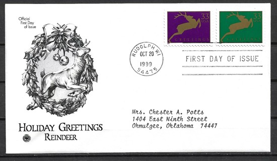 1999 Sc3358-9 Holiday Greetings Reindeer FDC