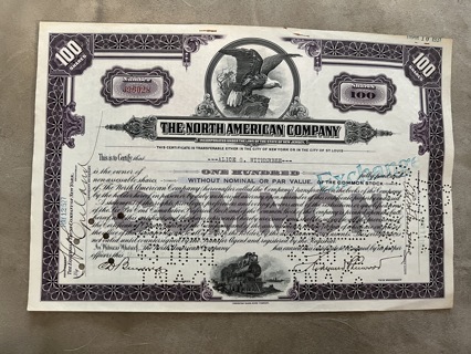 North American Company stock certificate 1927 purple Train & Eagle Original Dow Jones stock