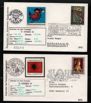 Christmas Balloon mail Austria 2 letters 17.Dec.1973  and 4.Dec.1977