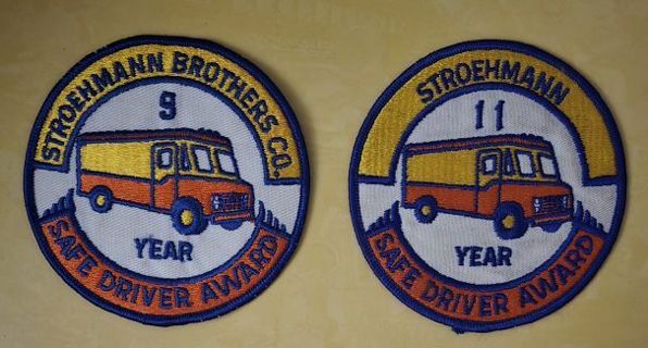 Two Stroehmann Bros. Co Safe Driver Award Iron On Patches