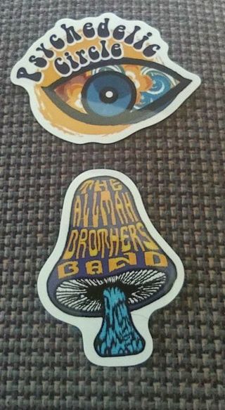 Two new laptop band stickers Allman Brothers mushroom and psychedelic circle