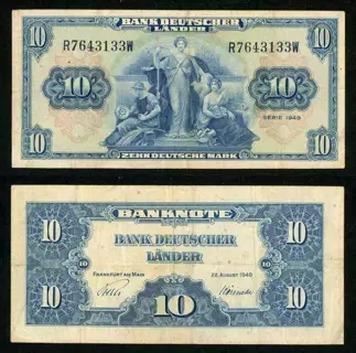 1949 Germany Federal Republic 10 Marks Banknote Bank Deutscher Lander 