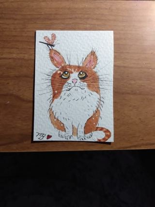 ACEO Original, Watercolor Painting 2-1/2"X 3/1/2" Whimsical Cat & Dragonfly by Artist Marykay Bond