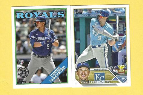 2023 Topps Vinnie Pasquantino Rookie Gold Cup + 35th Anniversary 1988 Topps Royals Baseball Cards