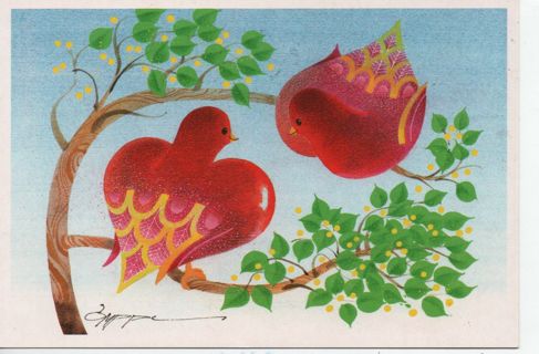 used postcard: painting bird as a heart
